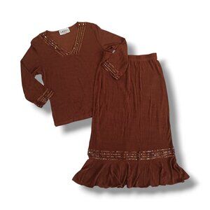Vintage Acetate Skirt Set Top Brown Sequins Amanda Hippie 70s Size M